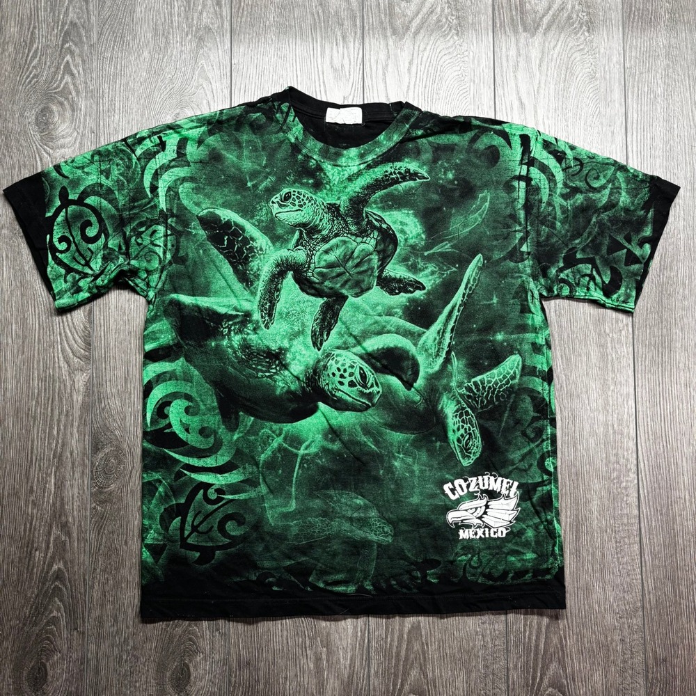 Vintage Cozumel Mexico Sea Turtle XL All Over Print T Shirt Green Y2K Mens XL